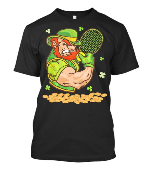 Leprechaun Playing Tennis With Shamrocks And Gold Coins T-Shirt