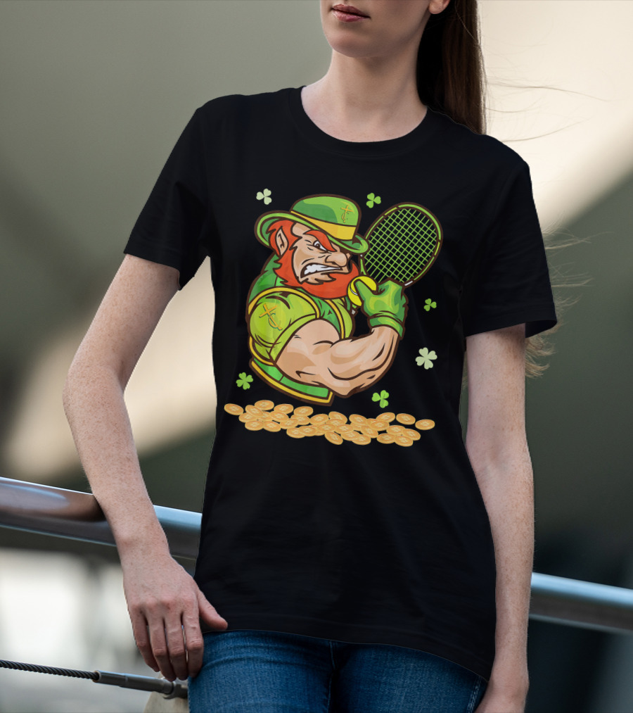 Leprechaun Playing Tennis With Shamrocks And Gold Coins T-Shirt
