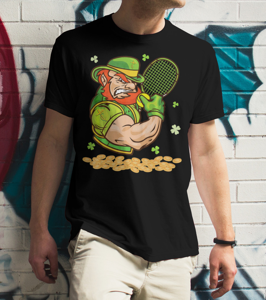 Leprechaun Playing Tennis With Shamrocks And Gold Coins T-Shirt