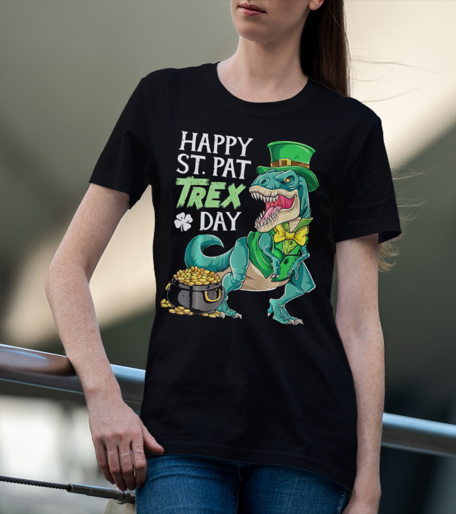 Happy St Pat Trex Day Leprechaun Dinosaur With Pot Of Gold And Clover T-Shirt