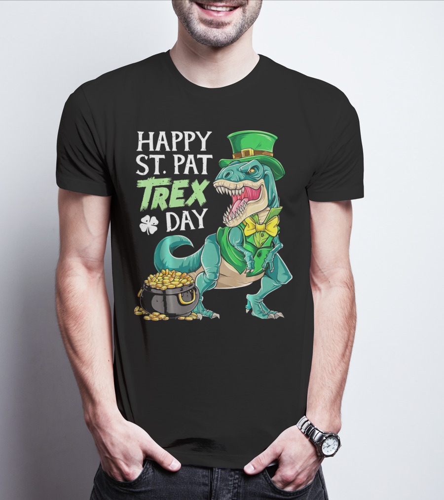 Happy St Pat Trex Day Leprechaun Dinosaur With Pot Of Gold And Clover T-Shirt