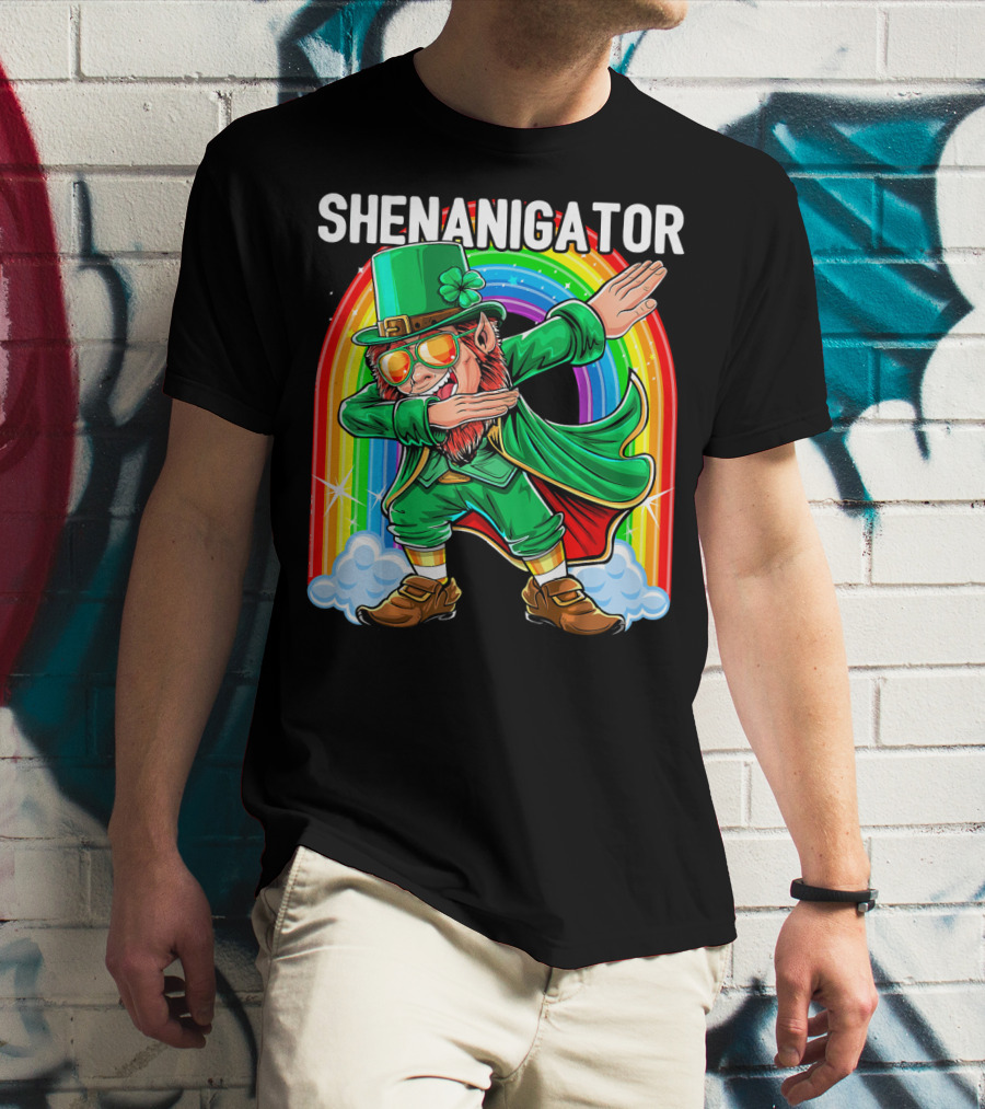 SHENANIGATOR Dabbing Leprechaun Rainbow T-Shirt