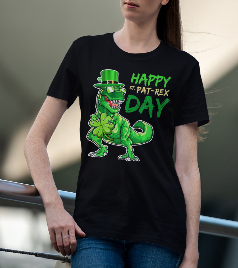 Happy St Pat Rex Day Saint Patricks Day Dinosaur With Shamrock And Green Hat T-Shirt