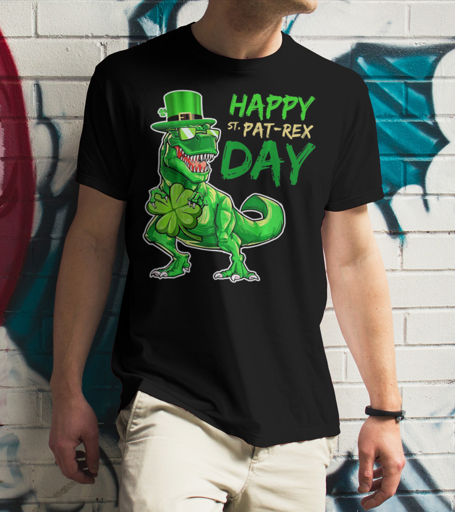 Happy St Pat Rex Day Saint Patricks Day Dinosaur With Shamrock And Green Hat T-Shirt