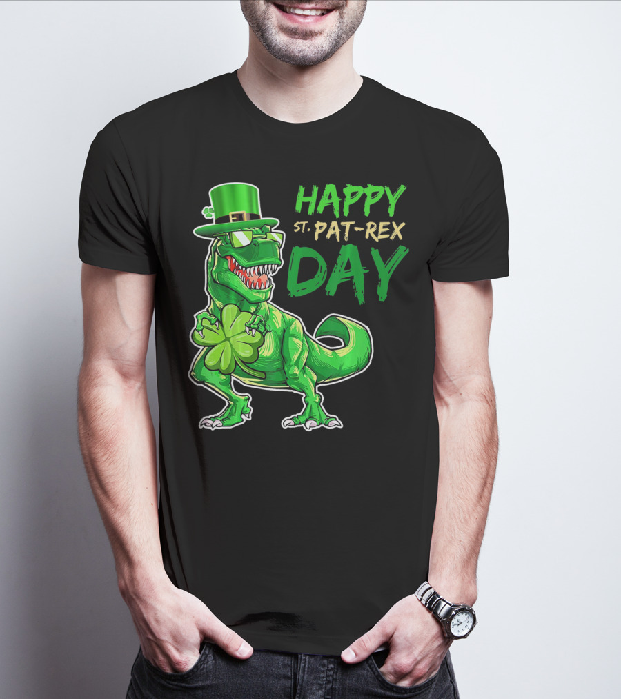 Happy St Pat Rex Day Saint Patricks Day Dinosaur With Shamrock And Green Hat T-Shirt