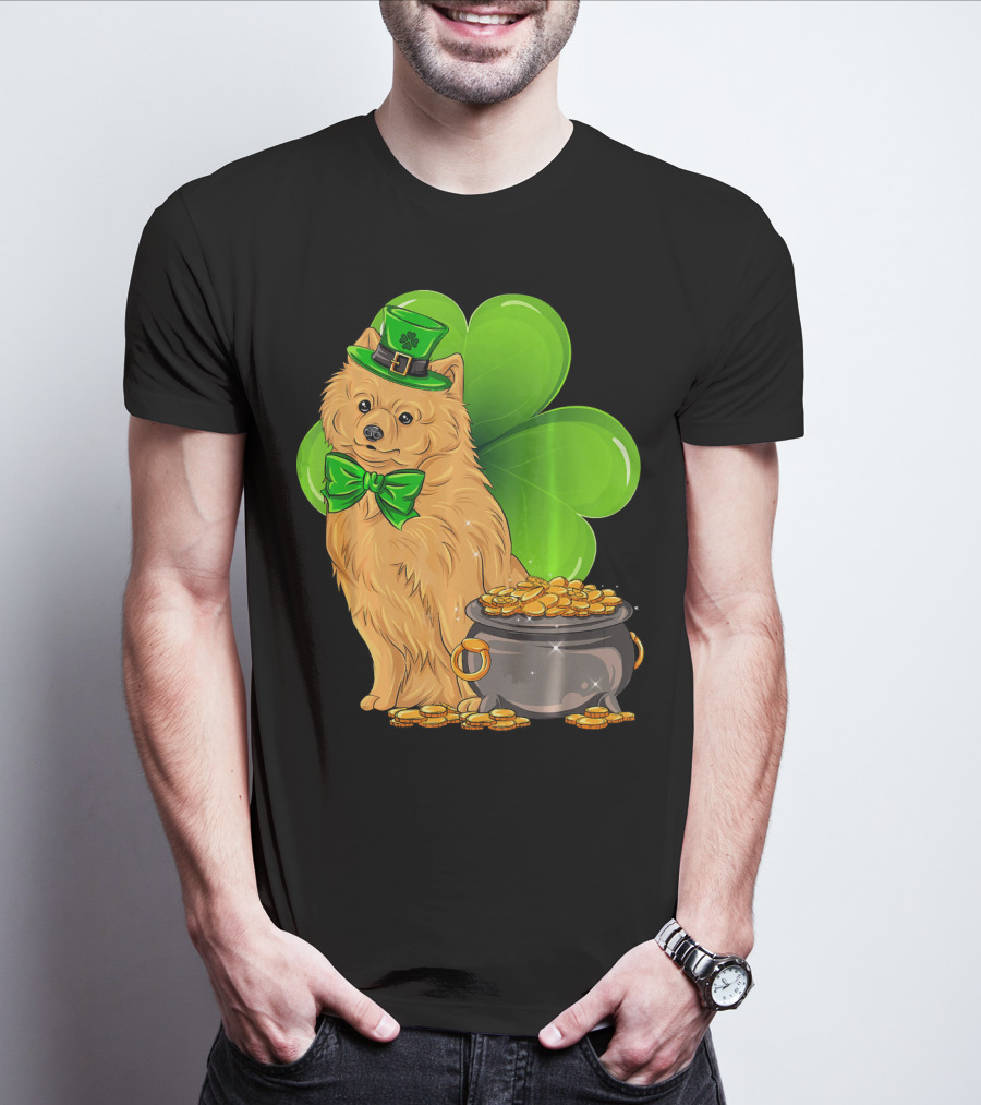 Pomeranian St Patricks Day Leprechaun Dog With Pot Of Gold And Clover T-Shirt
