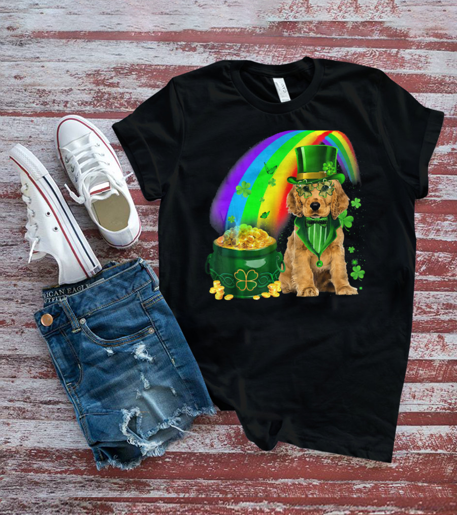 Cocker Spaniel Dog Wearing Irish Leprechaun Hat With Gold Coins And Rainbow T-Shirt