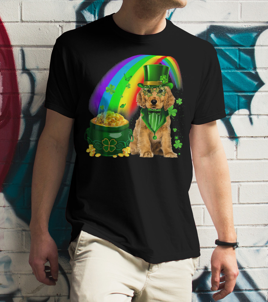 Cocker Spaniel Dog Wearing Irish Leprechaun Hat With Gold Coins And Rainbow T-Shirt