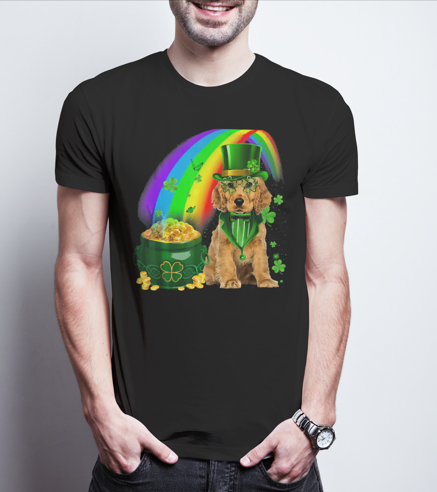 Cocker Spaniel Dog Wearing Irish Leprechaun Hat With Gold Coins And Rainbow T-Shirt