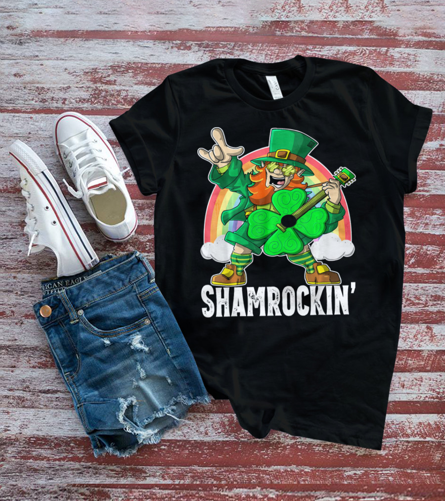 Shamrockin' Leprechaun Rainbow Guitar T-Shirt