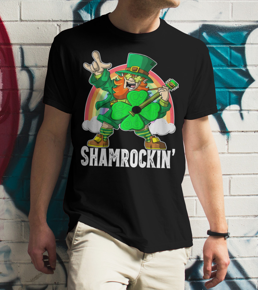 Shamrockin' Leprechaun Rainbow Guitar T-Shirt