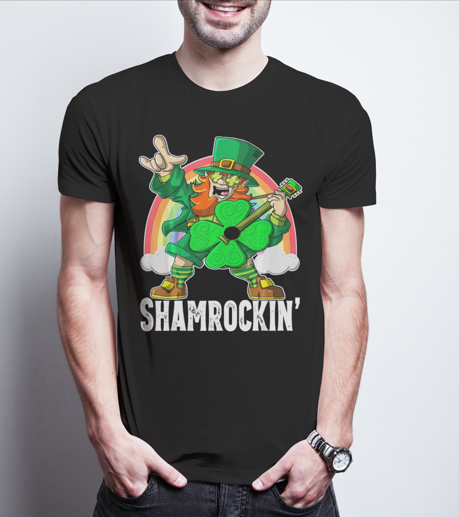 Shamrockin' Leprechaun Rainbow Guitar T-Shirt