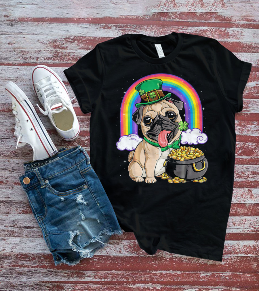 Pug St Patricks Day Boys Men Lep Leprechaun Hat Rainbow Pot Of Gold T-Shirt