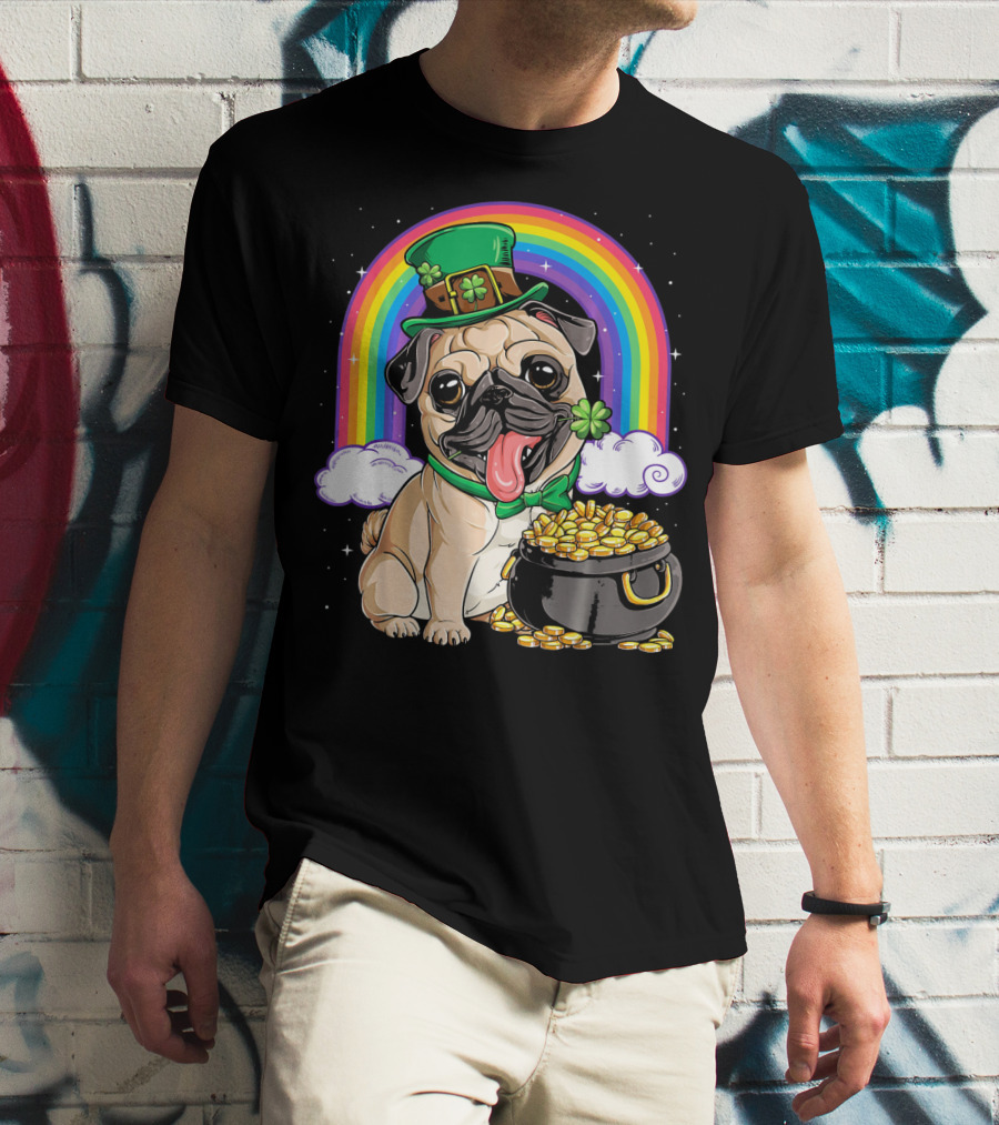 Pug St Patricks Day Boys Men Lep Leprechaun Hat Rainbow Pot Of Gold T-Shirt