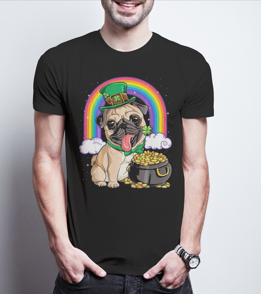 Pug St Patricks Day Boys Men Lep Leprechaun Hat Rainbow Pot Of Gold T-Shirt