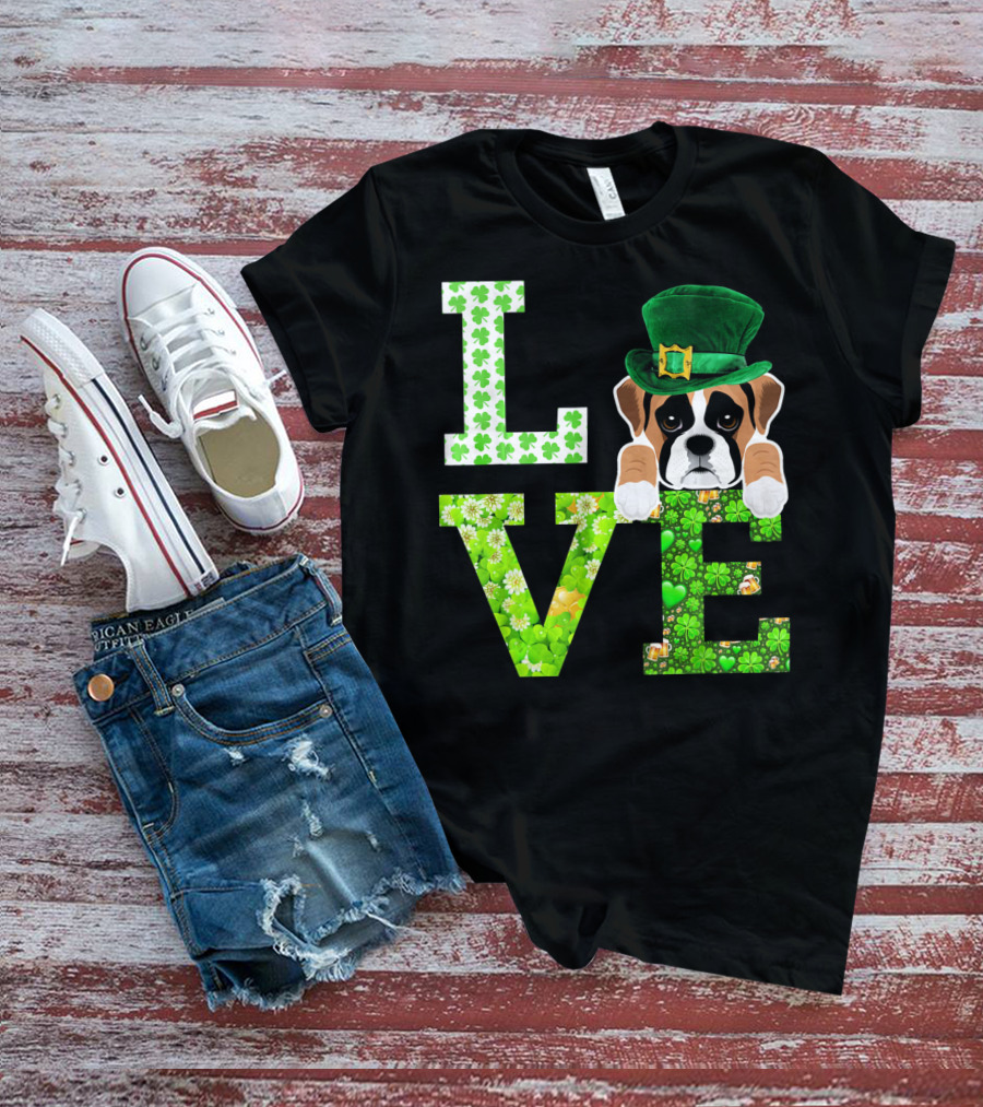 Leprechaun Hat Boxer Puppy Clover Love St. Patrick's Day T-Shirt