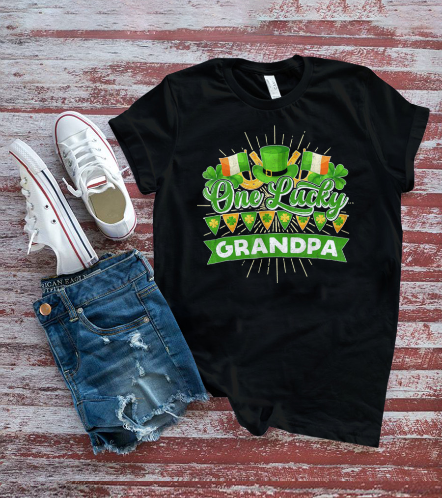 St Patricks Day One Lucky Grandpa Irish Flags Shamrocks And Leprechaun Hat T-Shirt