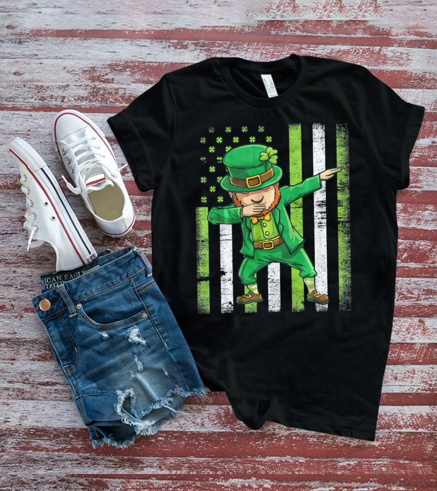 Leprechaun Dabbing With Shamrock Irish Flag Stripes T-Shirt