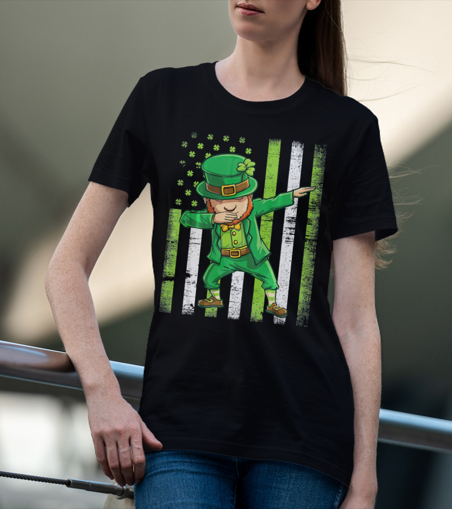 Leprechaun Dabbing With Shamrock Irish Flag Stripes T-Shirt