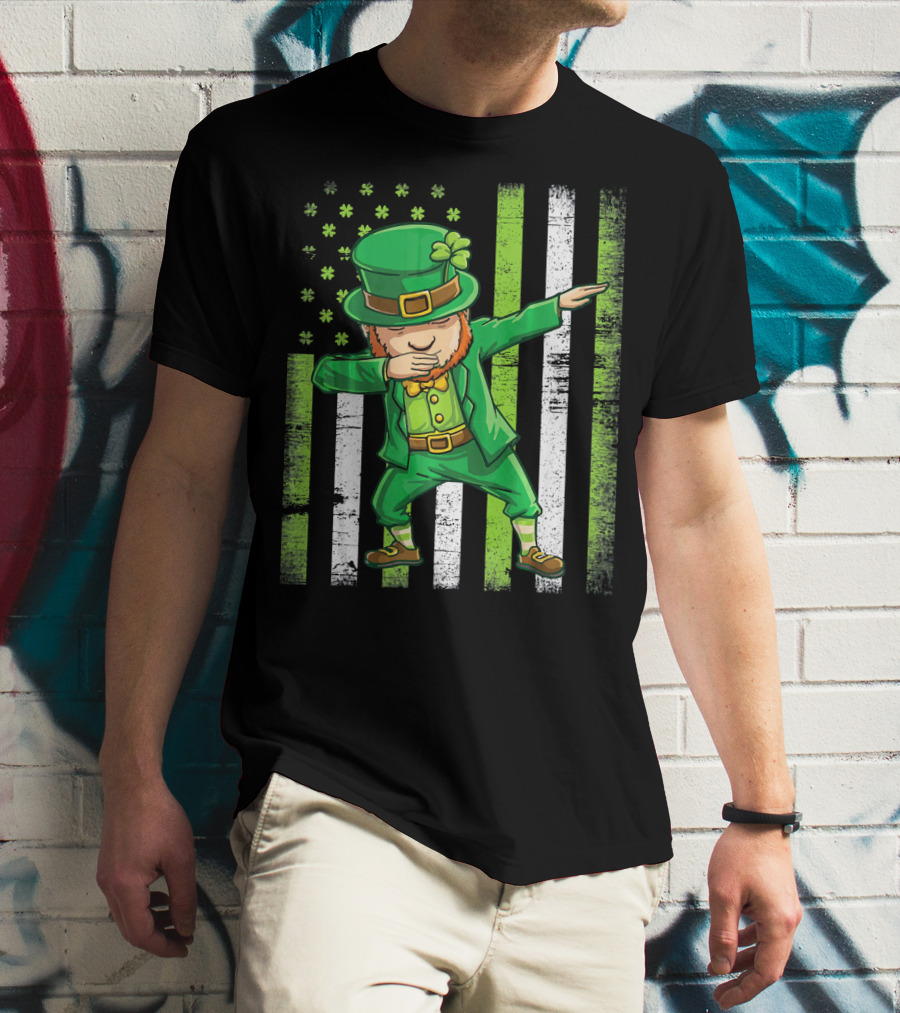 Leprechaun Dabbing With Shamrock Irish Flag Stripes T-Shirt