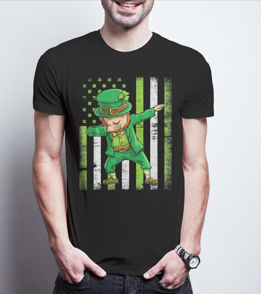 Leprechaun Dabbing With Shamrock Irish Flag Stripes T-Shirt