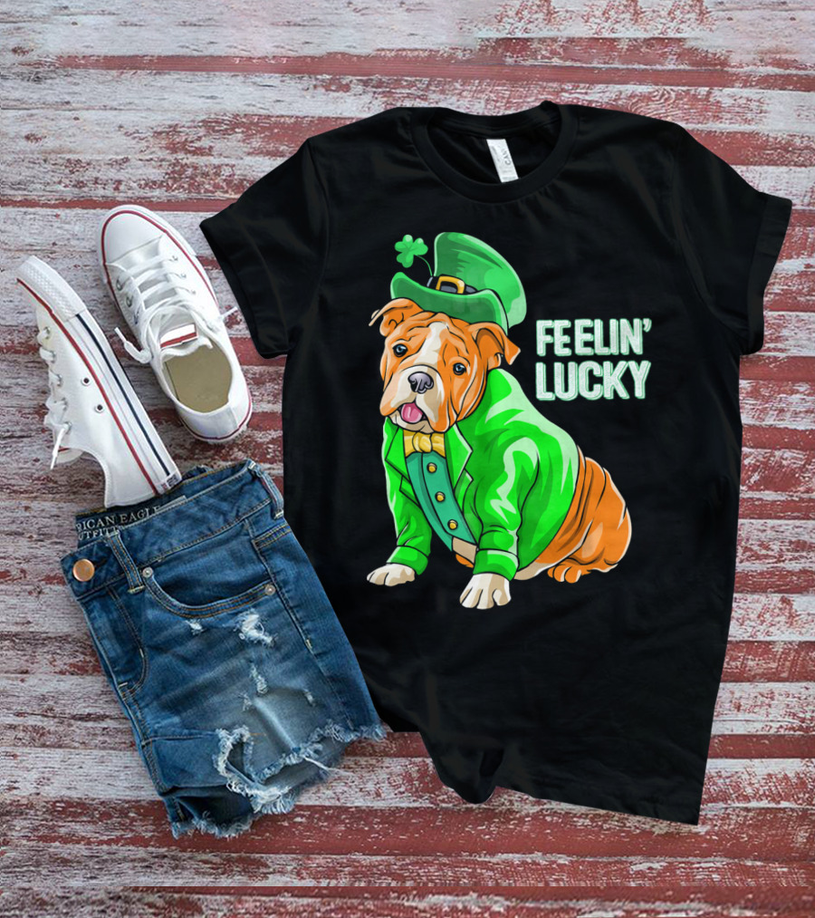 Feelin' Lucky Bulldog In Green Leprechaun T-Shirt
