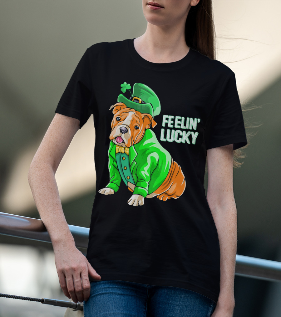 Feelin' Lucky Bulldog In Green Leprechaun T-Shirt
