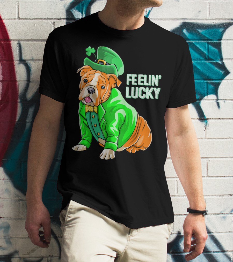 Feelin' Lucky Bulldog In Green Leprechaun T-Shirt