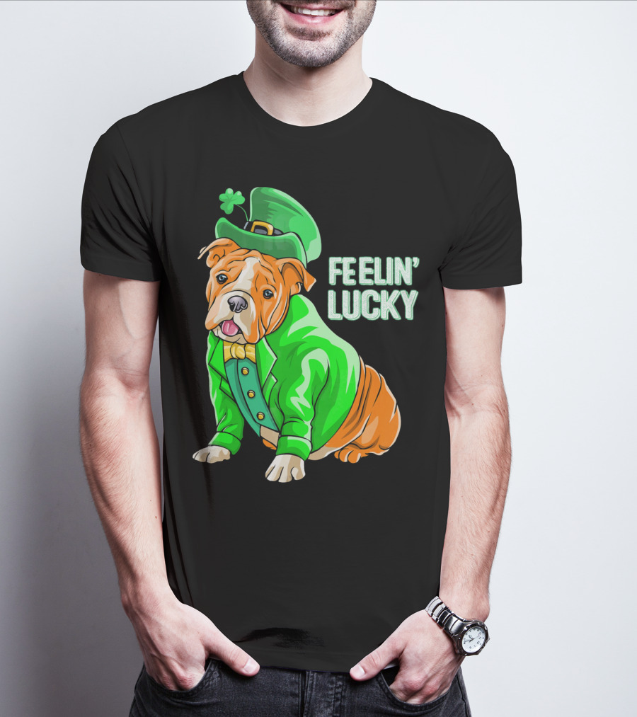 Feelin' Lucky Bulldog In Green Leprechaun T-Shirt
