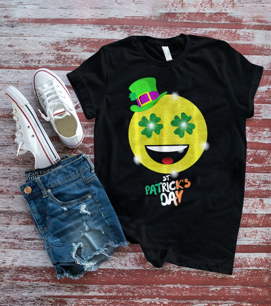St. Patrick's Day Emoji With Green Hat And Shamrock Eyes T-Shirt