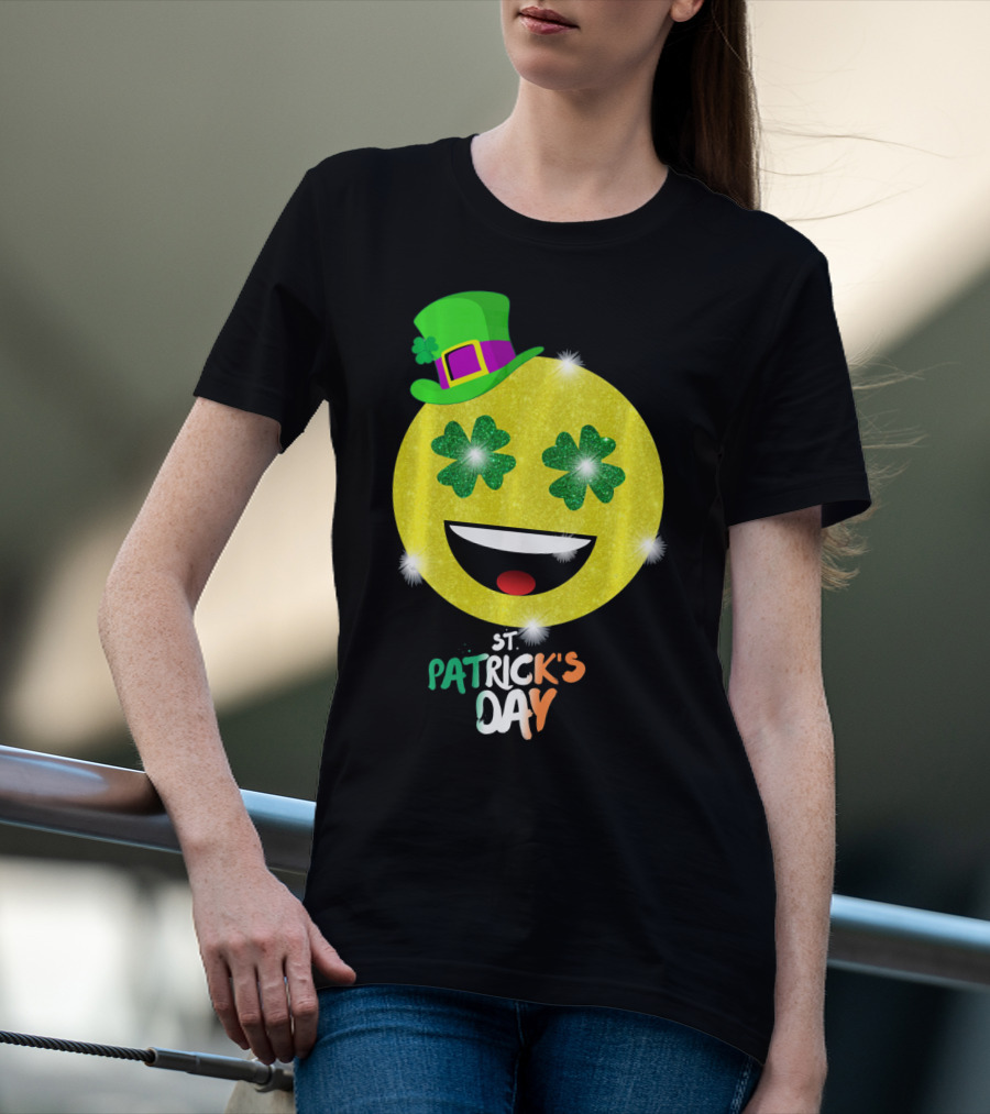 St. Patrick's Day Emoji With Green Hat And Shamrock Eyes T-Shirt