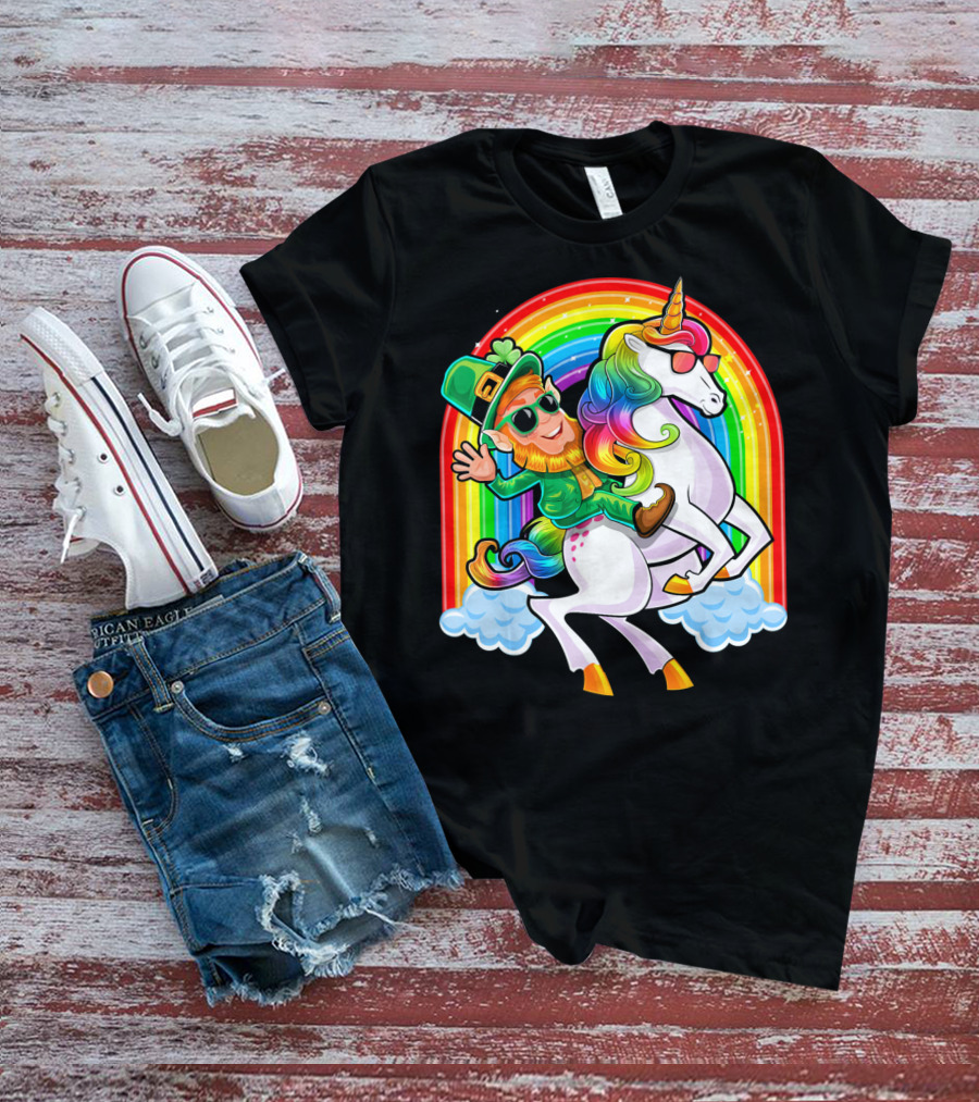 St Patricks Day Rainbow Unicorn And Leprechaun Riding Clouds T-Shirt