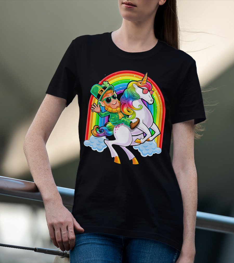 St Patricks Day Rainbow Unicorn And Leprechaun Riding Clouds T-Shirt