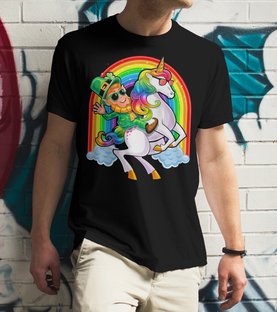 St Patricks Day Rainbow Unicorn And Leprechaun Riding Clouds T-Shirt
