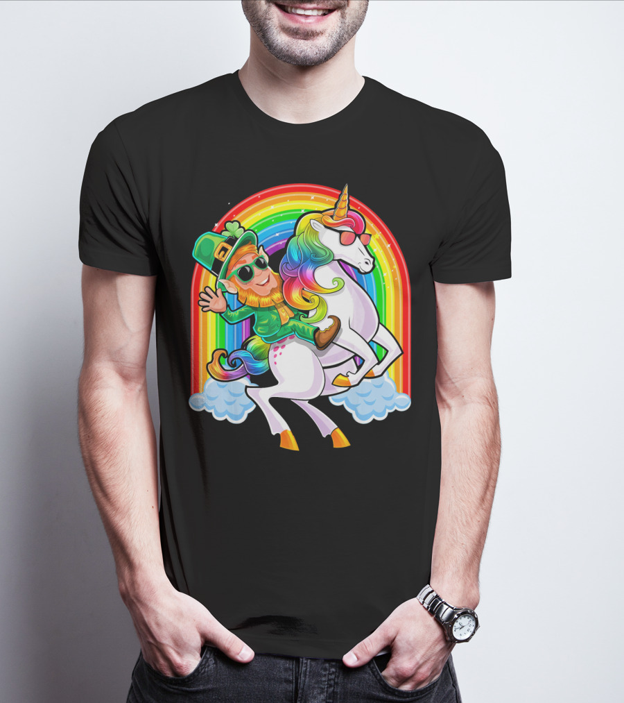 St Patricks Day Rainbow Unicorn And Leprechaun Riding Clouds T-Shirt