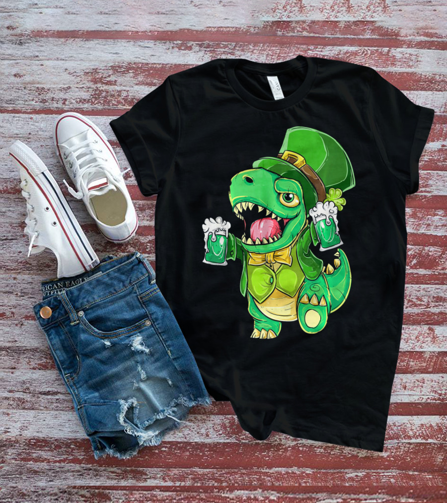 St Patricks Day Irish Dinosaur Holding Two Beers In Green Outfit And Hat T-Shirt
