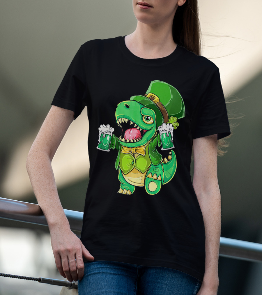 St Patricks Day Irish Dinosaur Holding Two Beers In Green Outfit And Hat T-Shirt