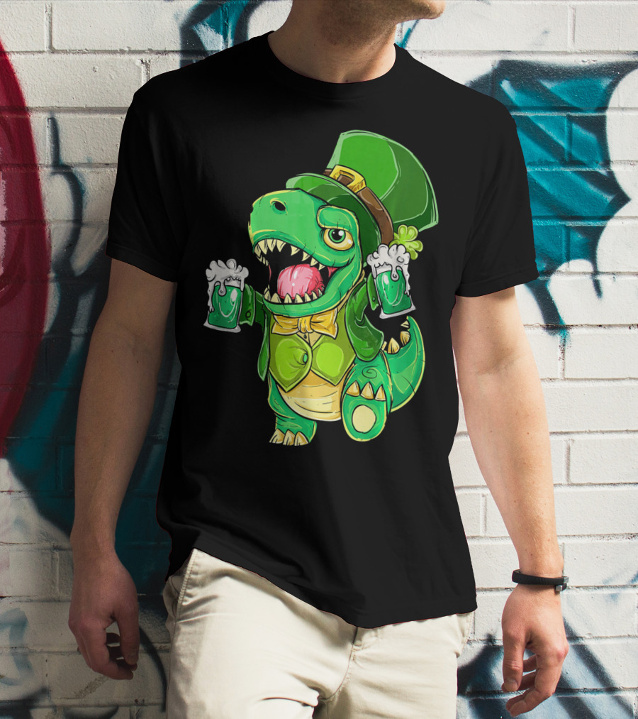 St Patricks Day Irish Dinosaur Holding Two Beers In Green Outfit And Hat T-Shirt