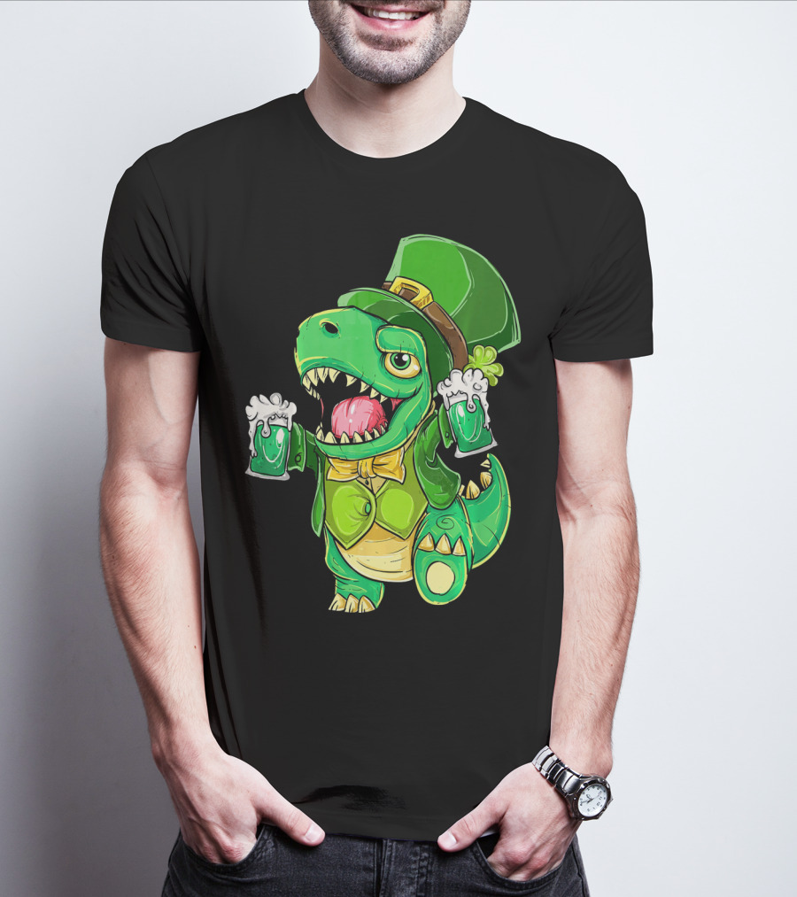 St Patricks Day Irish Dinosaur Holding Two Beers In Green Outfit And Hat T-Shirt