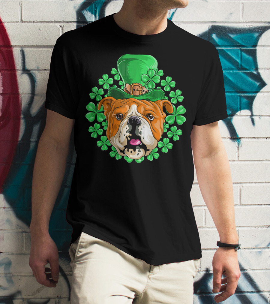 English Bulldog In Leprechaun Hat With Clover Background T-Shirt