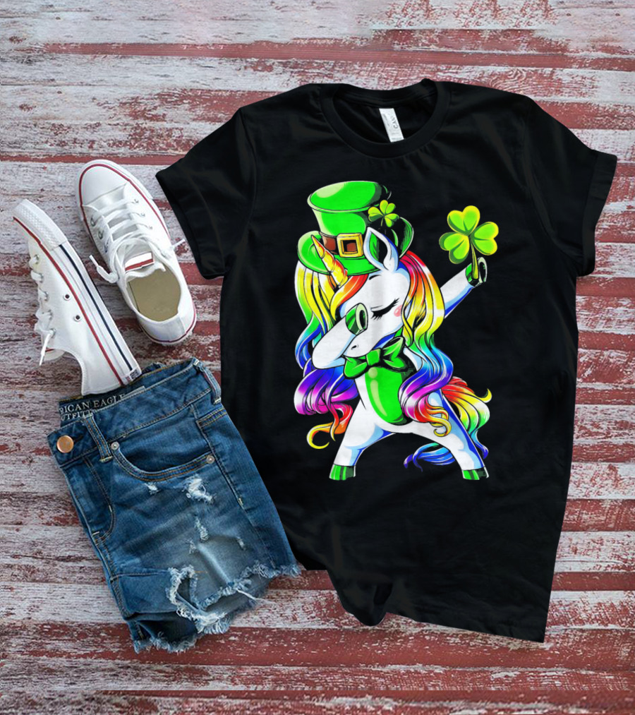 Dabbing Unicorn With Rainbow Mane And Shamrock Hat T-Shirt