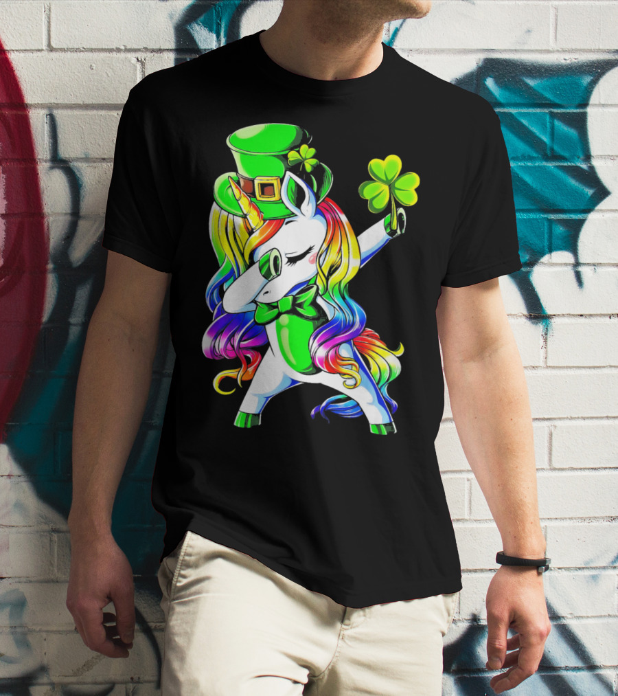 Dabbing Unicorn With Rainbow Mane And Shamrock Hat T-Shirt