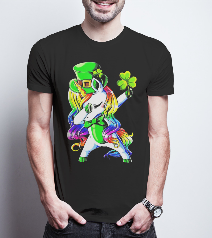 Dabbing Unicorn With Rainbow Mane And Shamrock Hat T-Shirt