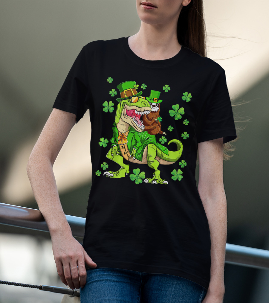 Leprechaun Sloth With Shamrocks Riding Dinosaur Rex In Green Attire T-Shirt