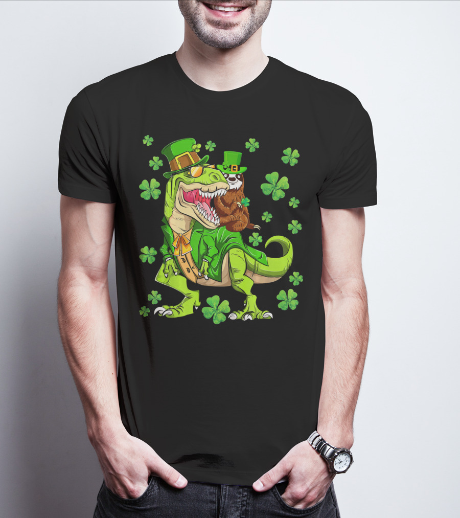 Leprechaun Sloth With Shamrocks Riding Dinosaur Rex In Green Attire T-Shirt