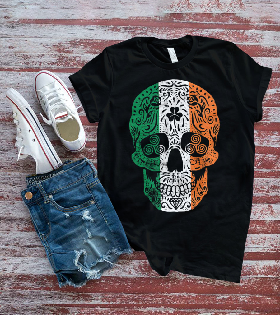 Irish Flag Sugar Skull Shamrock St Patricks T-Shirt