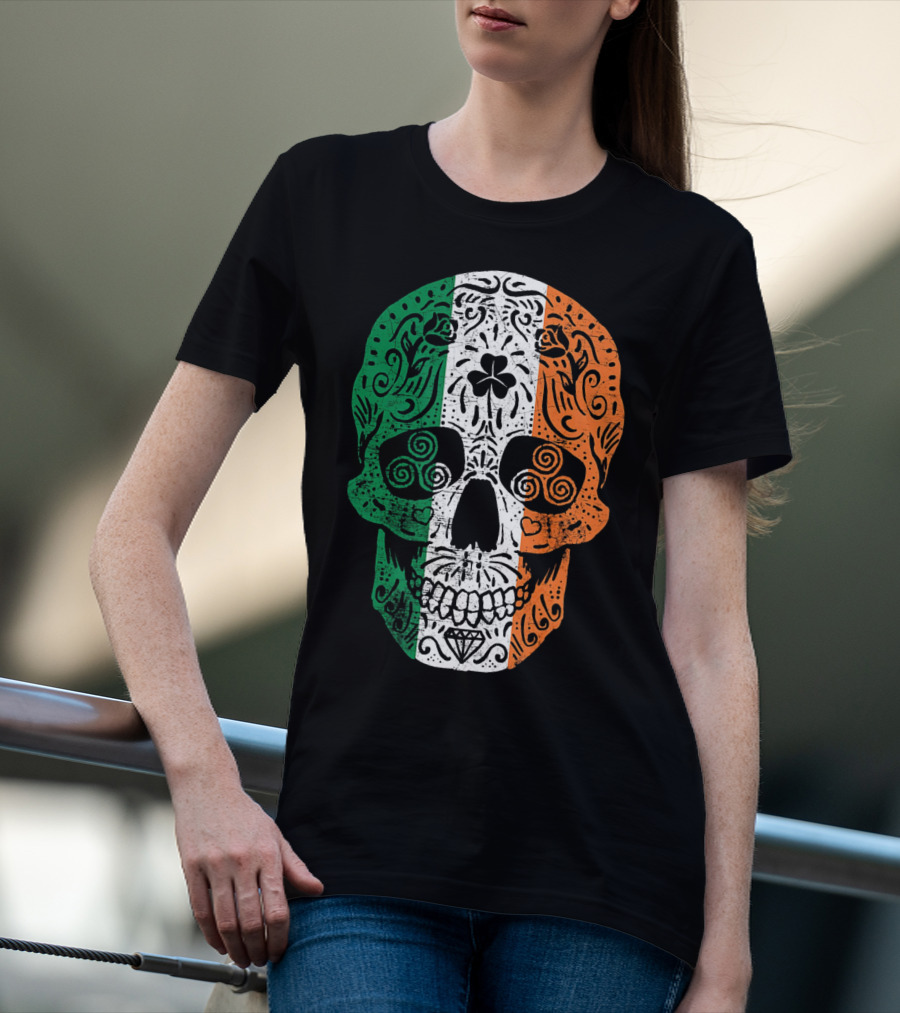 Irish Flag Sugar Skull Shamrock St Patricks T-Shirt