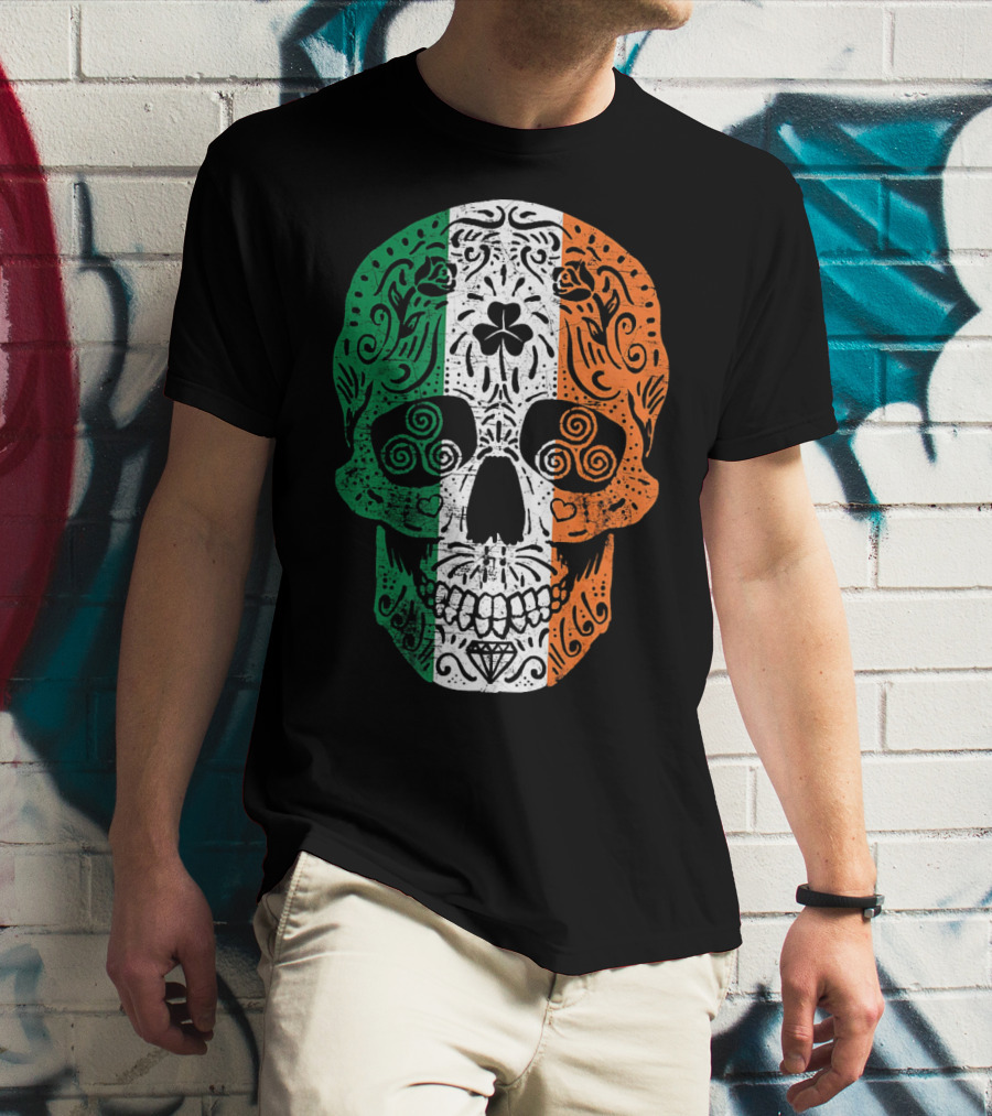 Irish Flag Sugar Skull Shamrock St Patricks T-Shirt