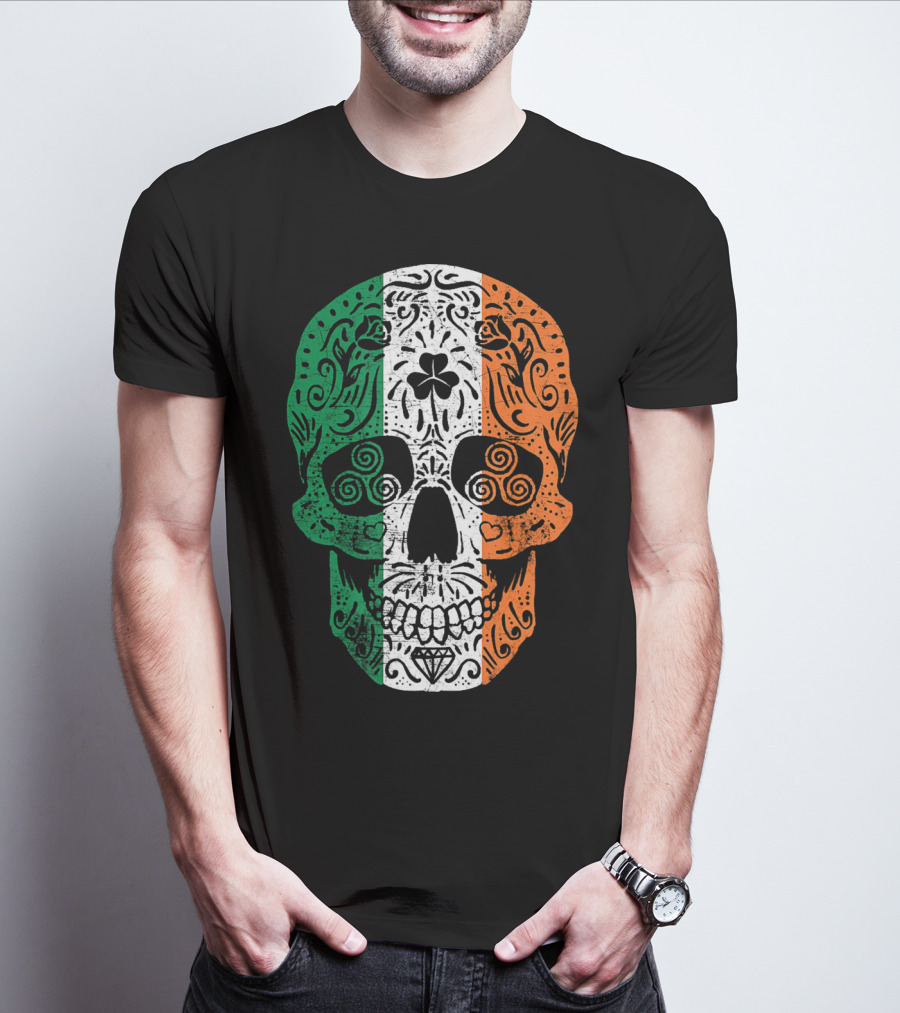 Irish Flag Sugar Skull Shamrock St Patricks T-Shirt