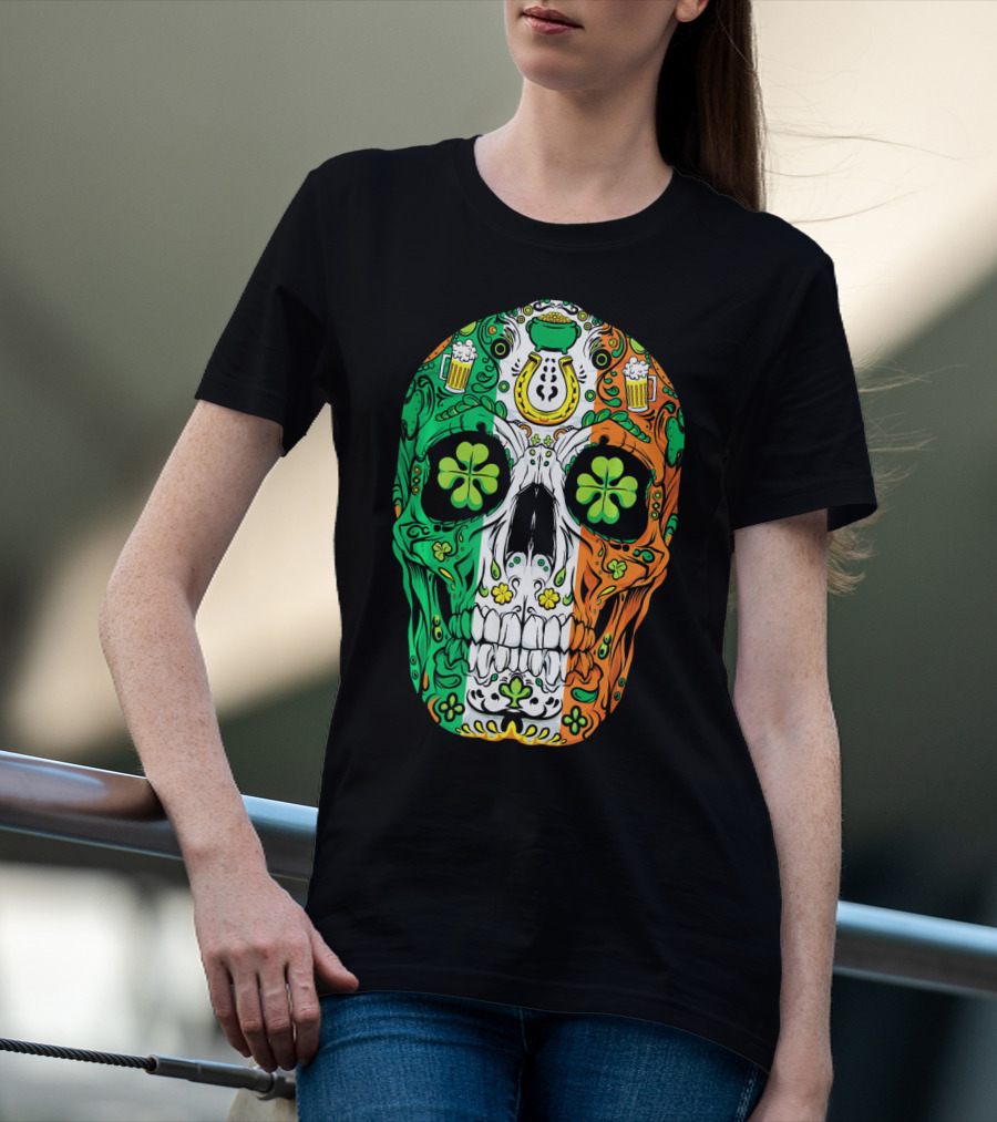 Sugar Skull Irish Leprechaun Shamrock St Patrick's Day T-Shirt